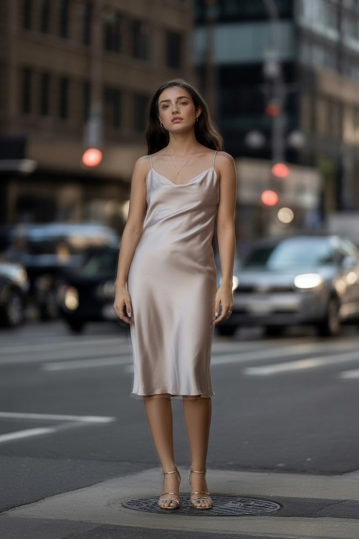 Vestido Slip Dress de Cetim Elegante com Acessórios Minimalistas