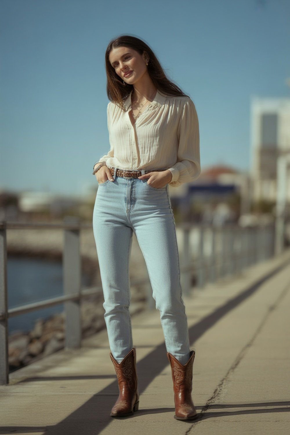 Jeans Skinny Claro com Blusa de Crepe