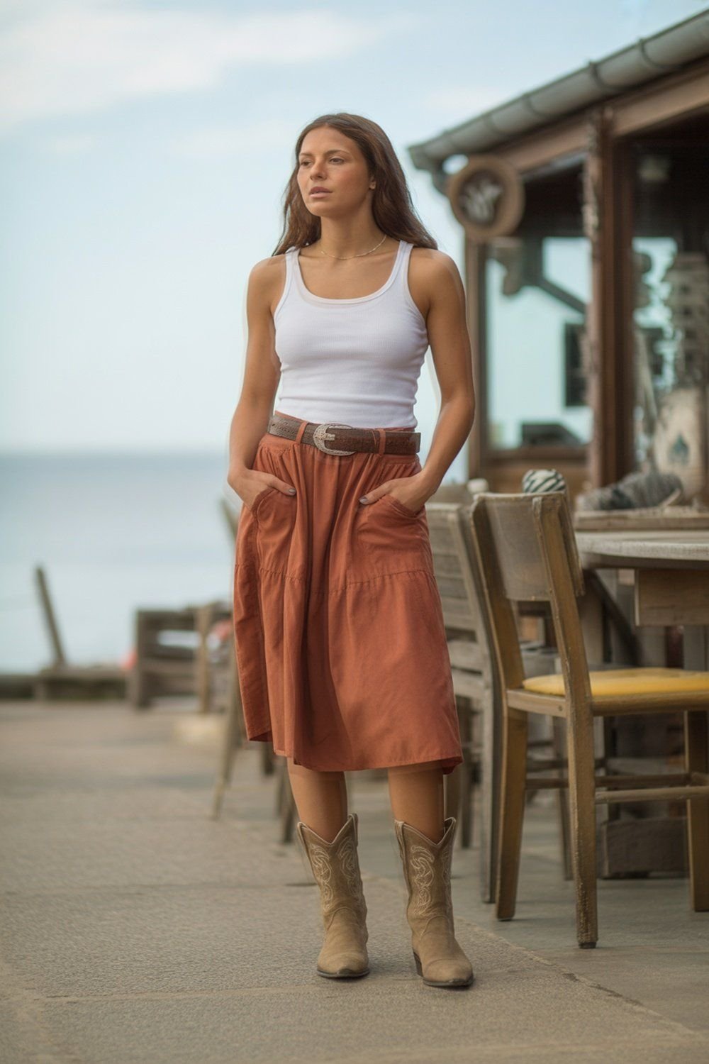 Saia Cor Ferrugem com Regata Branca e Cinto Western