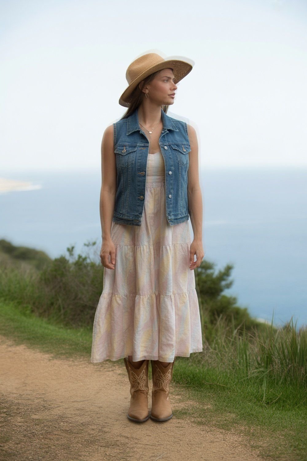 Colete Jeans Sem Manga Sobre Vestido Leve