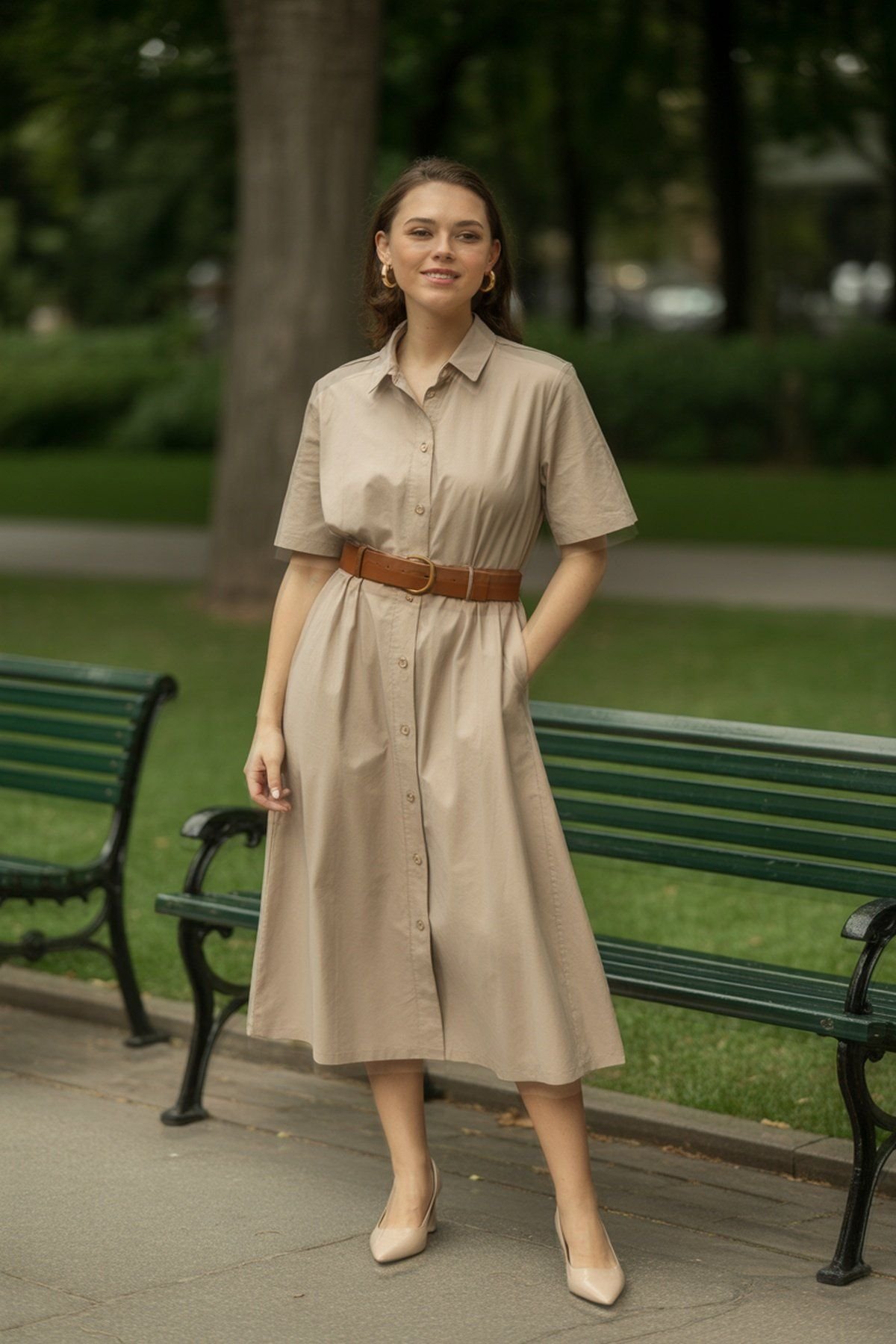 Vestido Midi Abotoado com Cinto de Couro para Silhueta Definida