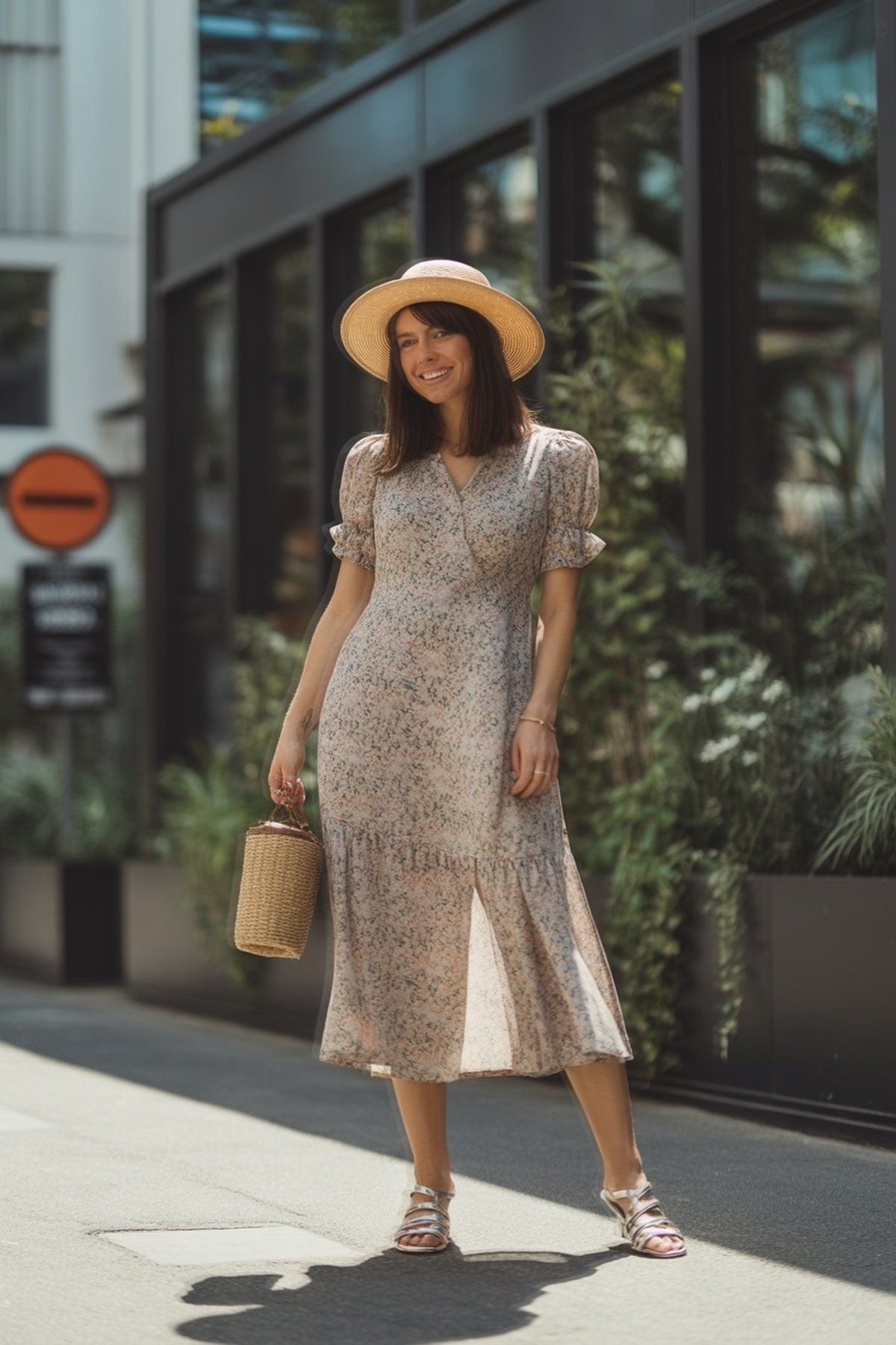 Vestido Midi Floral Com Chapéu de Palha Para Charme Descomplicado