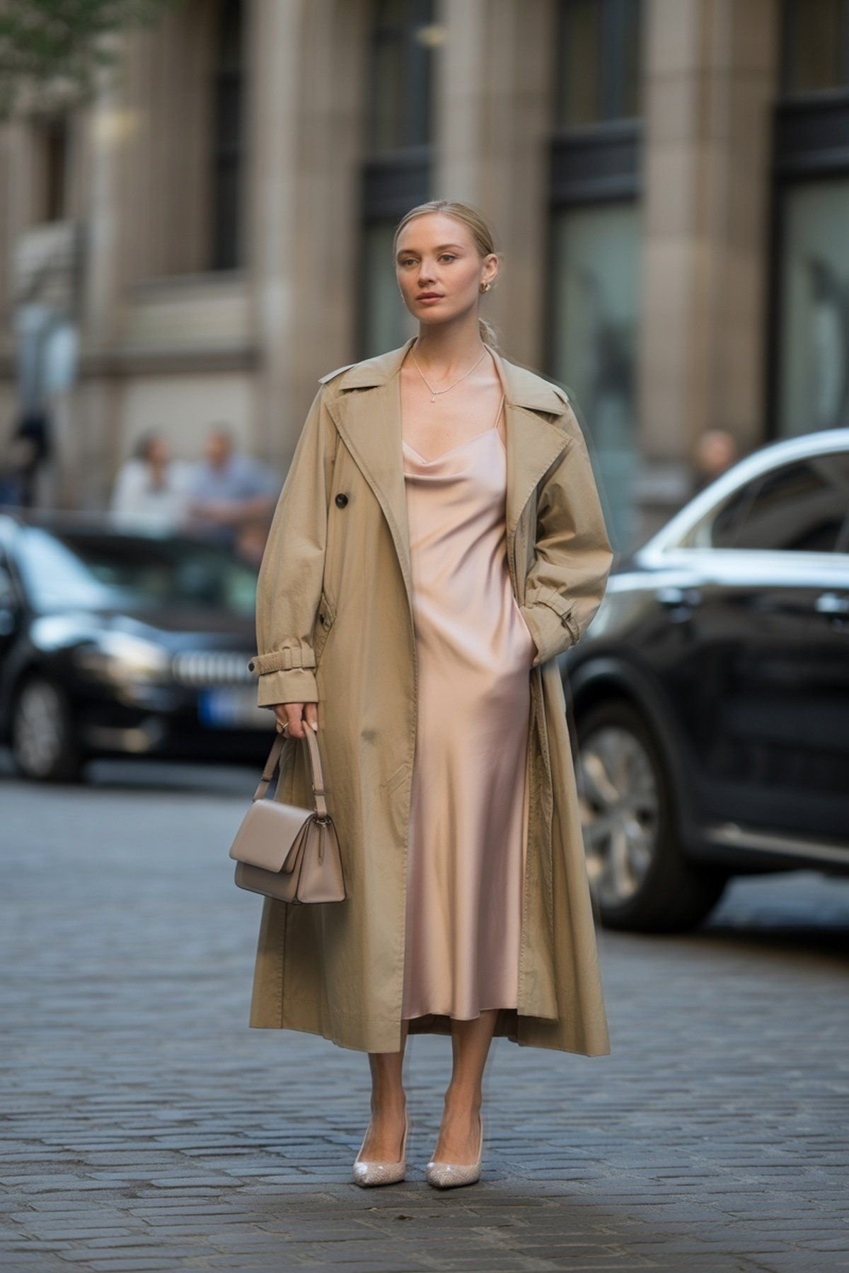 Trench Coat Leve com Vestido Slip para Estações de Transição