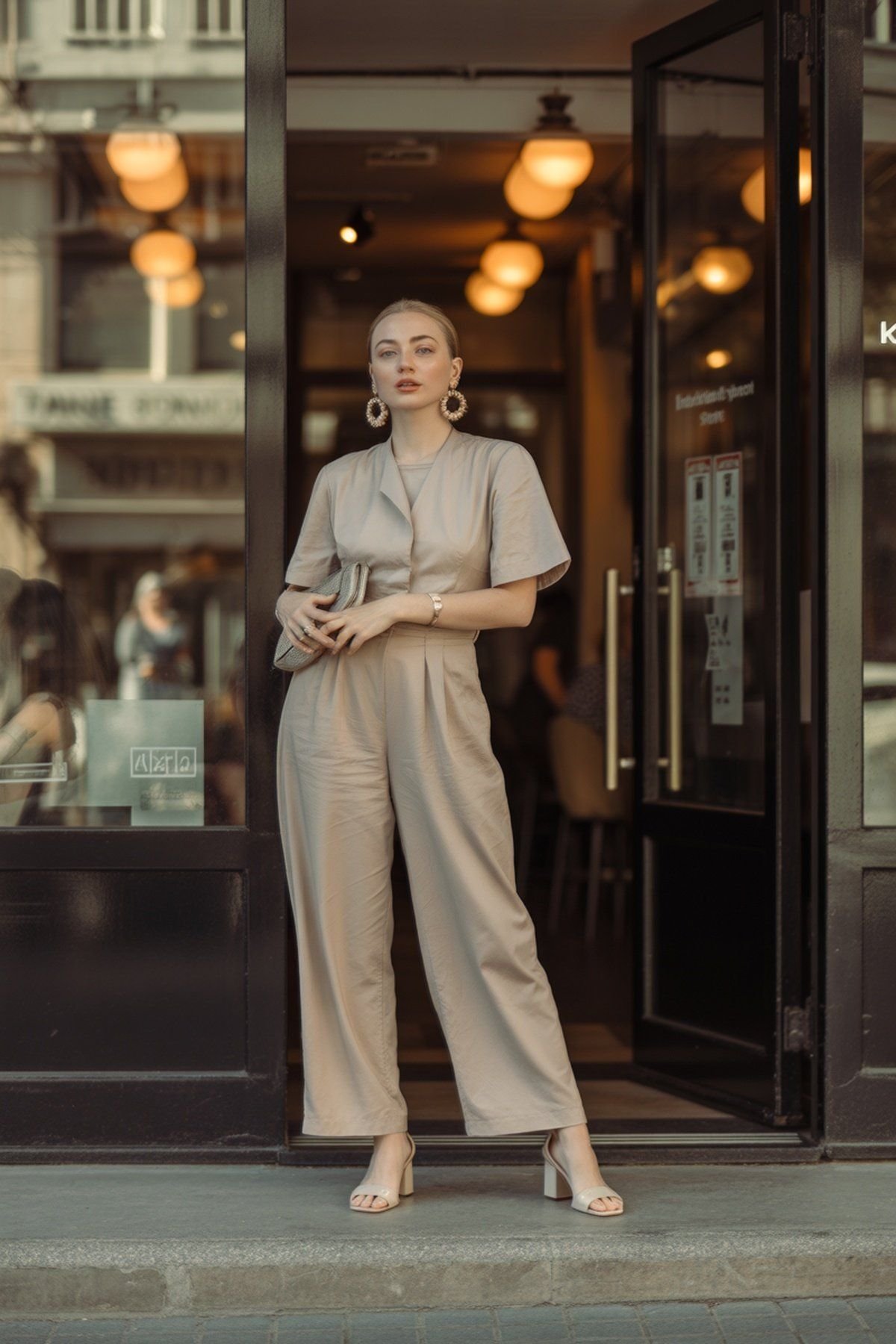 Macacão em Tom Neutro com Brincos Statement para Simplicidade Impactante