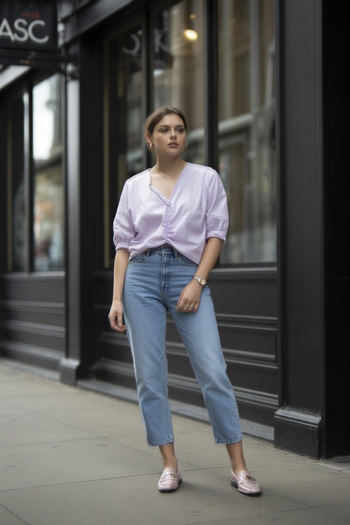 Blusa Pastel e Jeans de Cintura Alta Para Elegância Casual