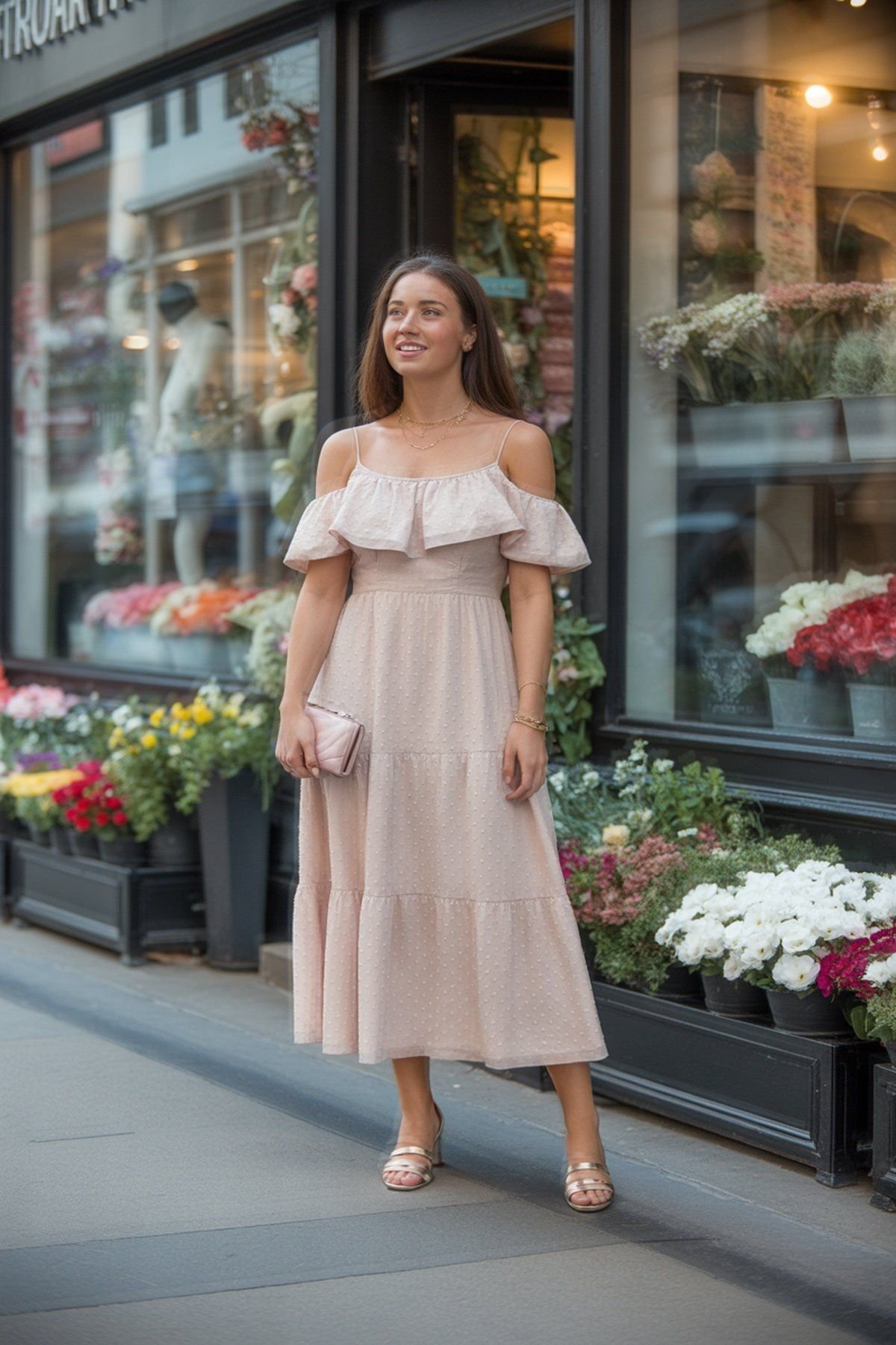 Vestido Ombro a Ombro com Babados e Joias Minimalistas para Visual Romântico