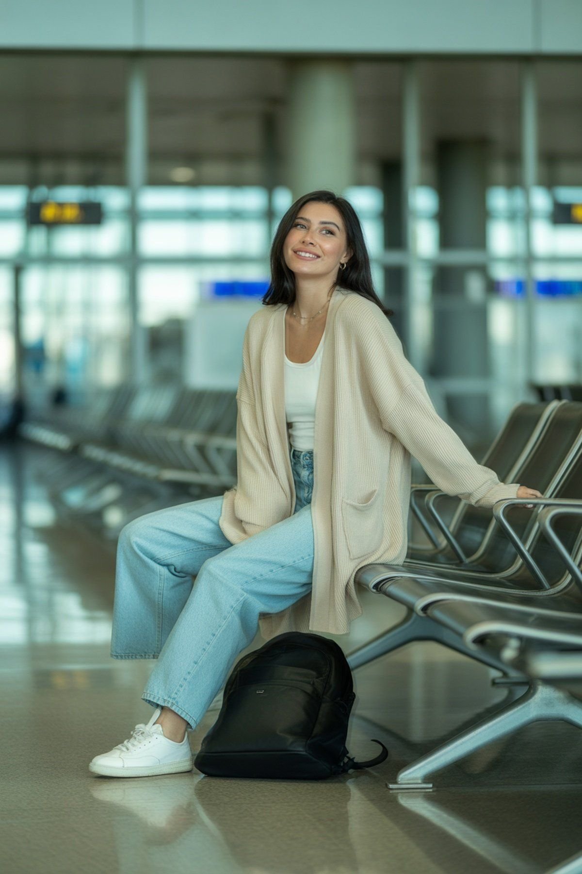 Cardigan Casual Envolvente com Regata e Jeans Confortáveis