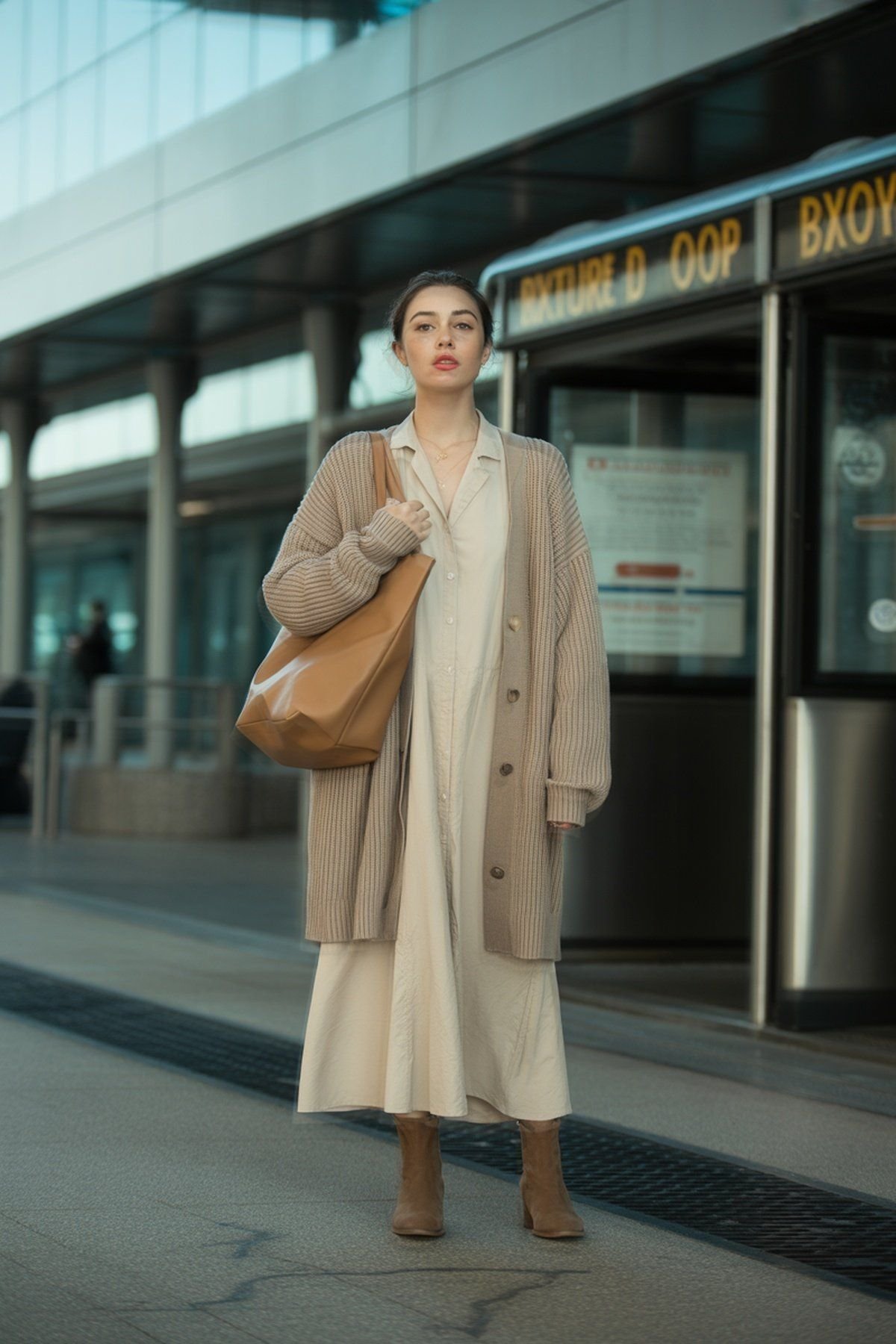 Cardigan de Tricô Grosso Sobre Vestido Midi com Botinhas