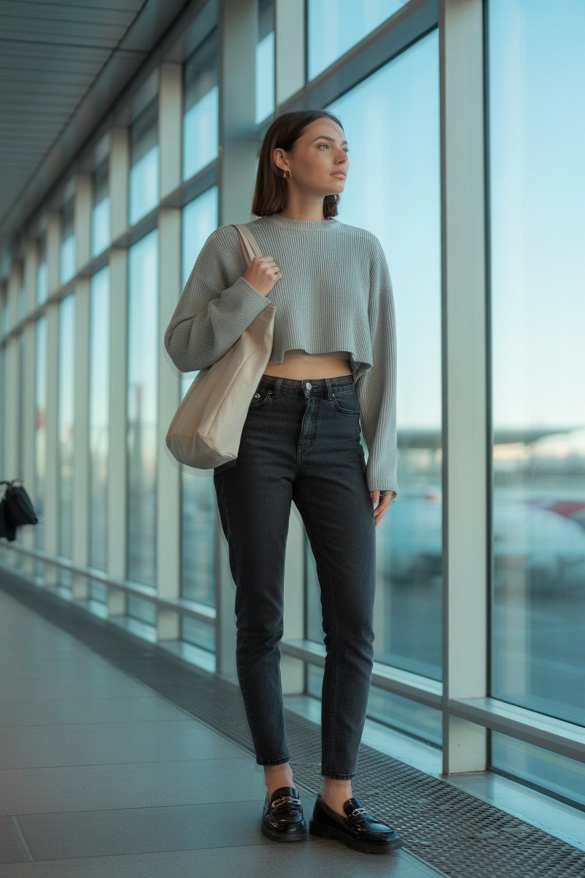 Suéter Cropped com Jeans Skinny de Cintura Alta e Mocassins