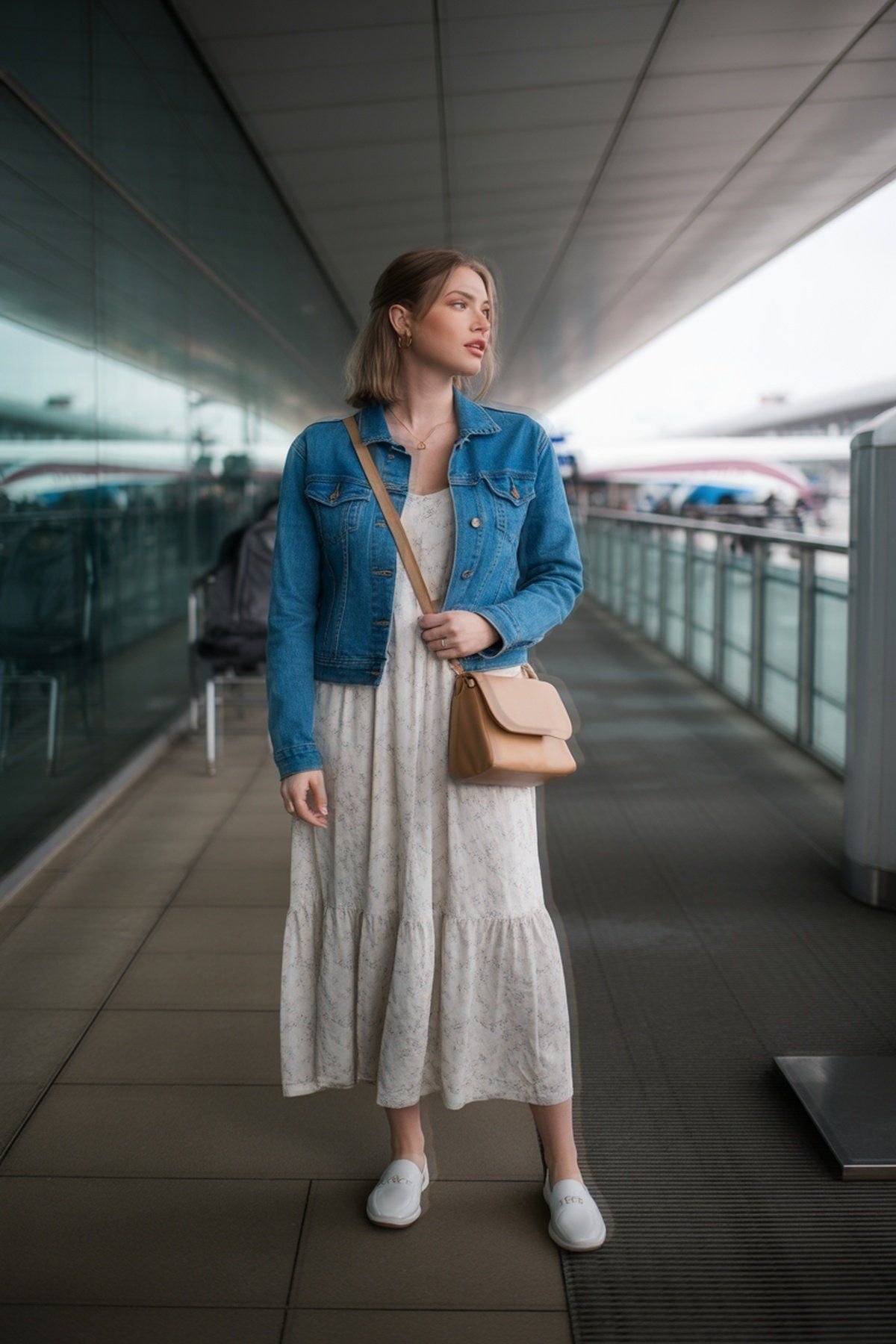Vestido Longo Fluido com Jaqueta Jeans para Camadas
