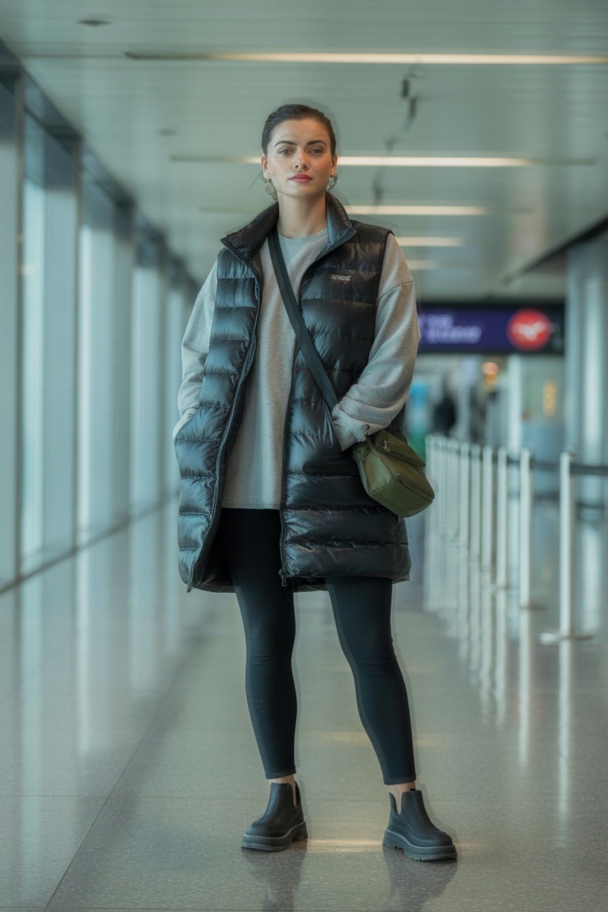 Colete Puffer Leve Sobre Camiseta de Manga Longa e Leggings