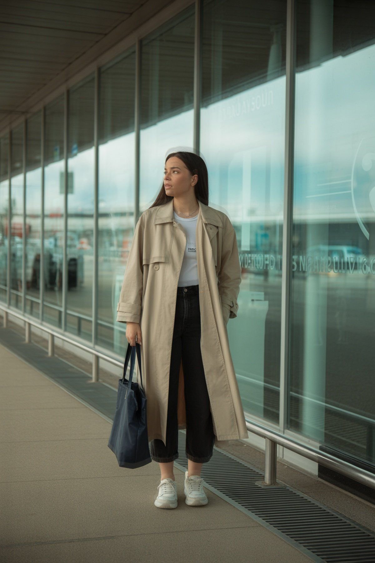 Trench Coat Leve com Calças Cropped e Tênis