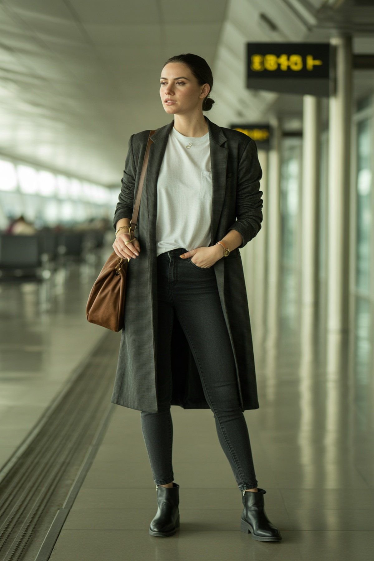 Blazer Alongado Sobre Camiseta Casual e Jeans Skinny