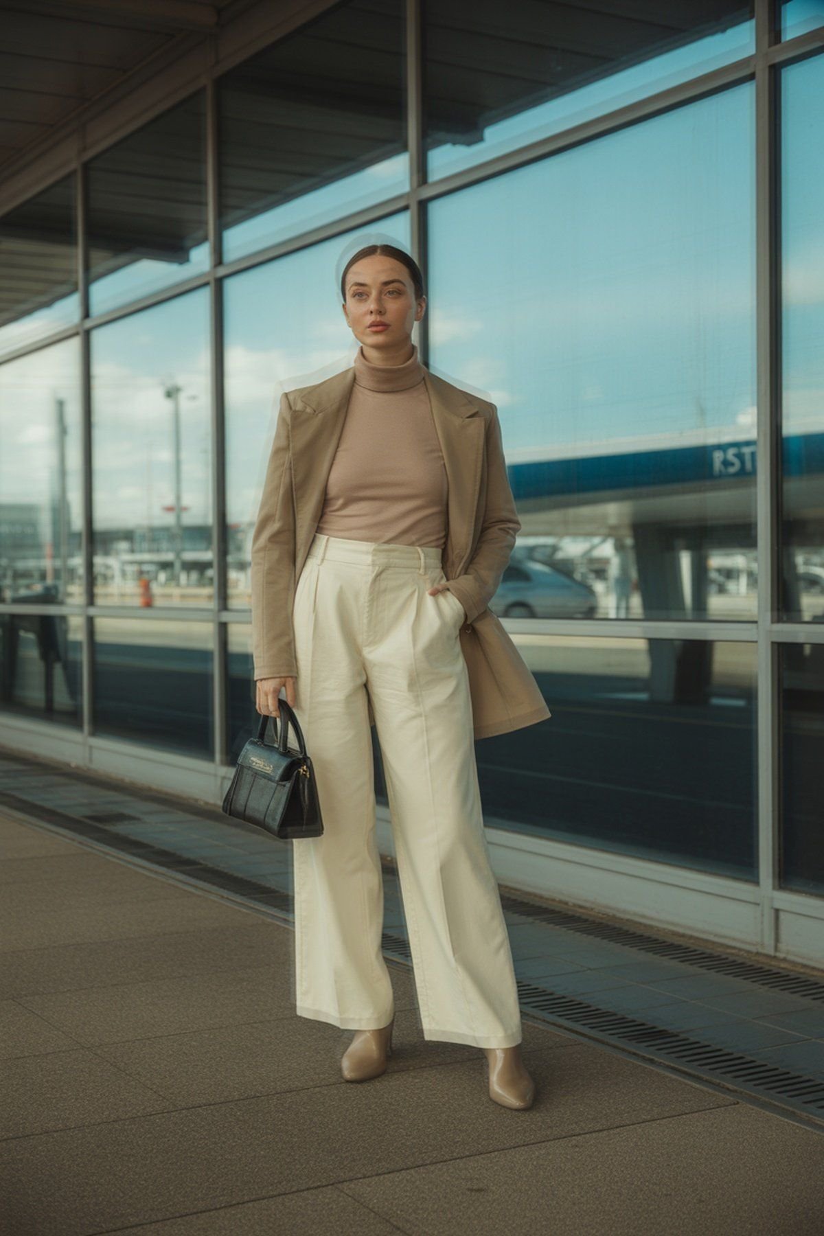 Gola Alta Neutra com Calças de Perna Larga