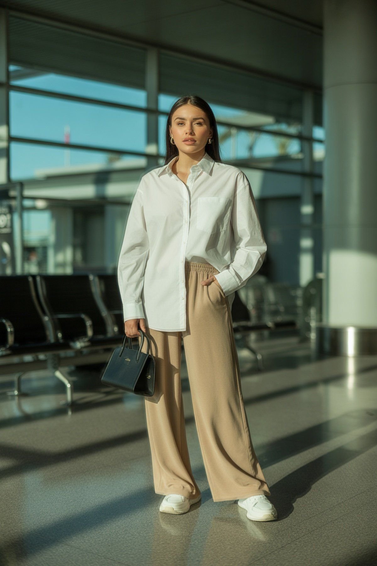 Camisa Relaxada Abotoada para Dentro de Calças Largas e Macias