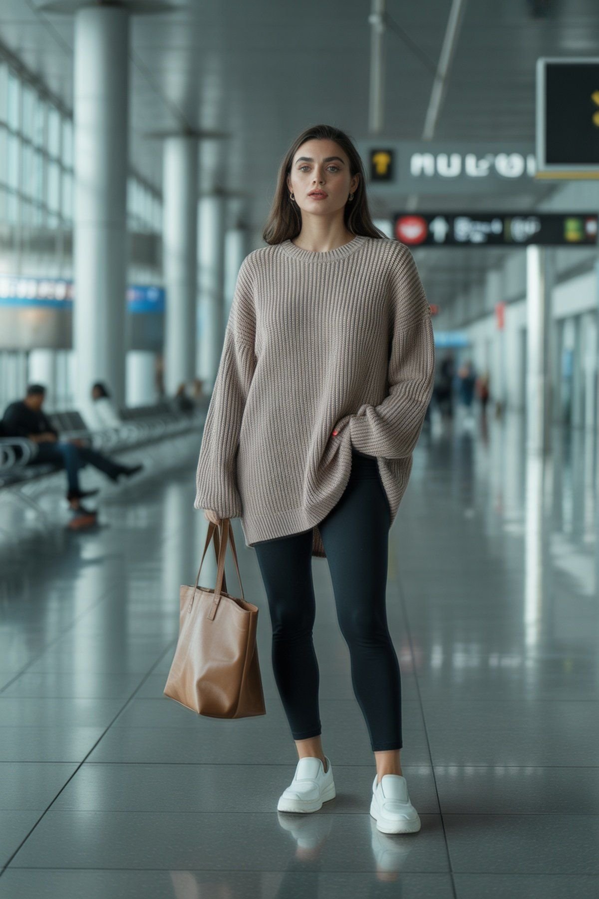 Suéter de Tricô Macio Combinado com Leggings Elásticas