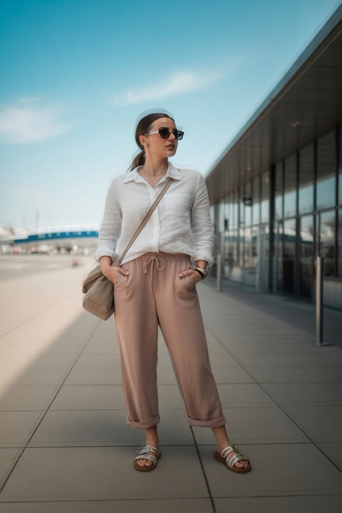 Camisa de Linho Macia com Calças com Cordão e Sandálias