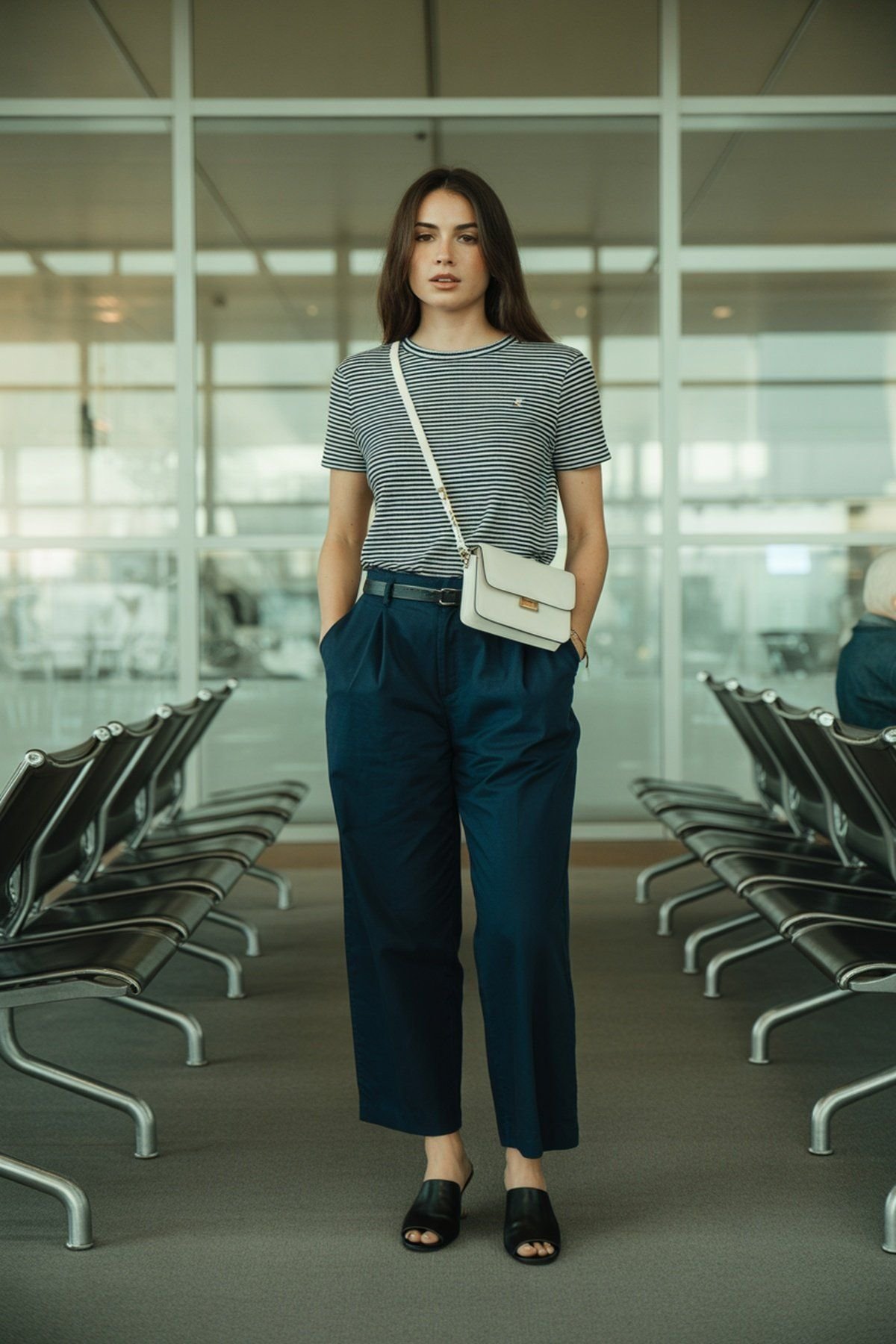 Camiseta Listrada Combinada com Calças de Cintura Alta e Perna Larga