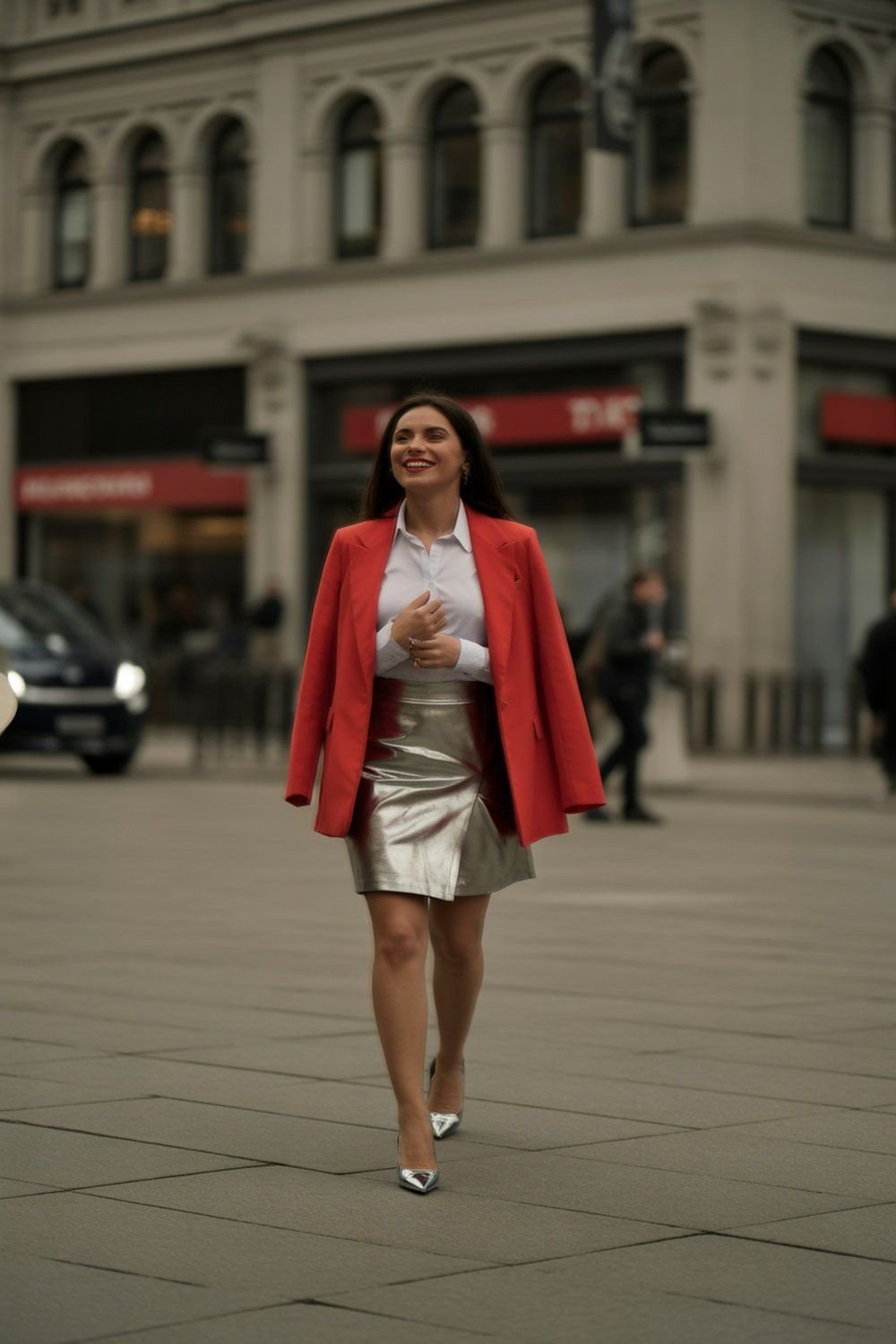 Saia Metálica com Blazer Vermelho Vibrante