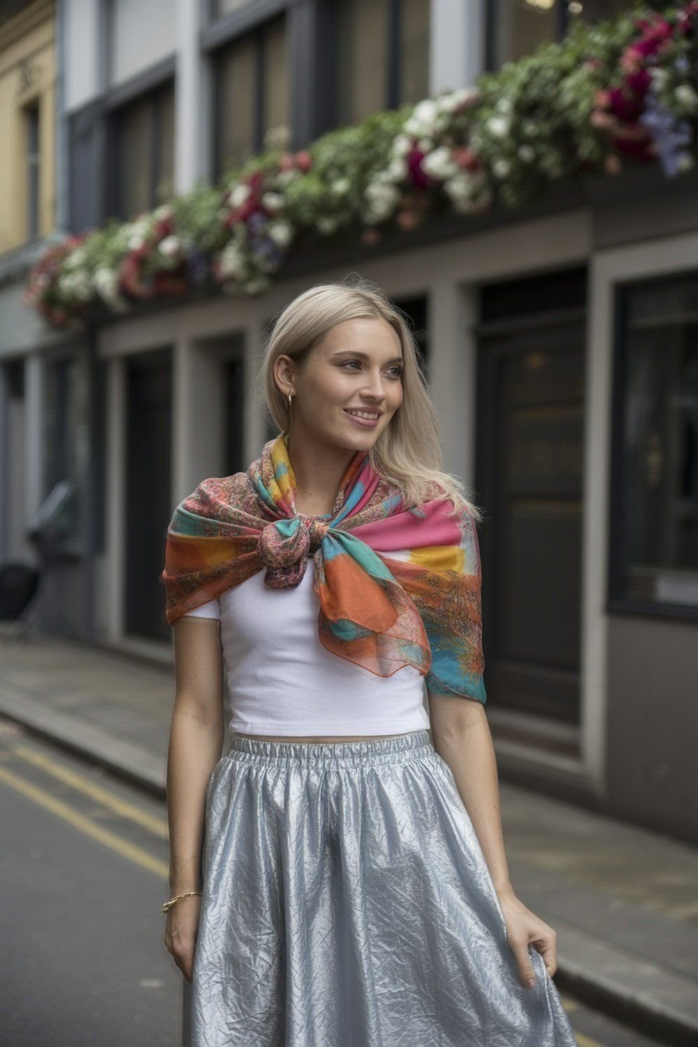 Saia Metálica com Lenço Estampado Vibrante