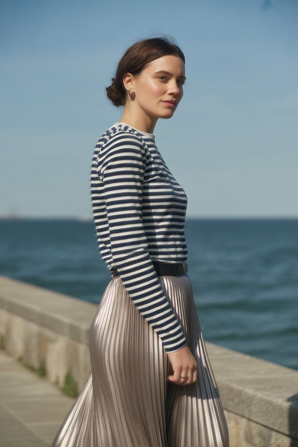 Saia Metálica com Blusa Breton Listrada
