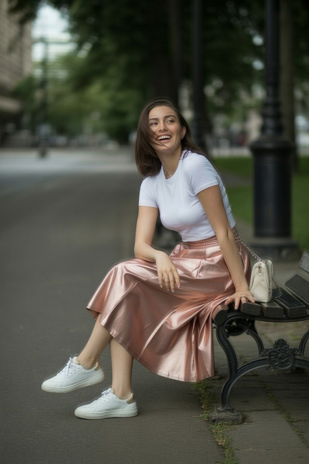 Saia Metálica Rosê com Camiseta Branca Casual