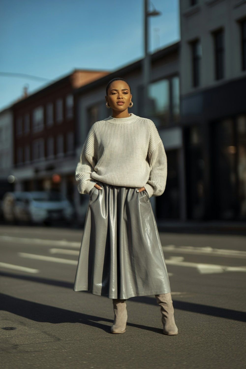 Saia Metálica Prateada com Suéter de Tricô Grosso