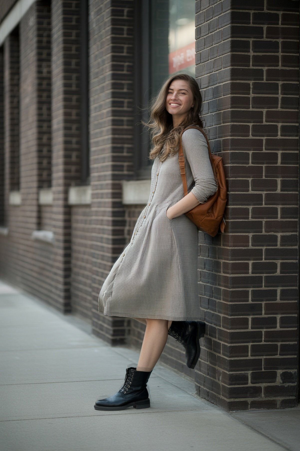 Vestido Xadrez Vintage com Botões na Frente e Botas Curtas