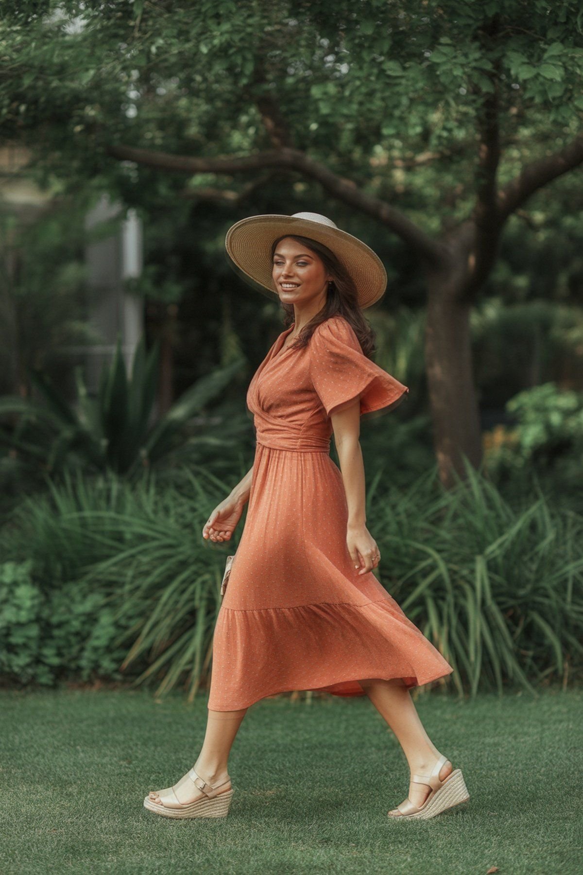 Vestido Envelope Coral com Mangas Flutuantes e Chapéu de Palha