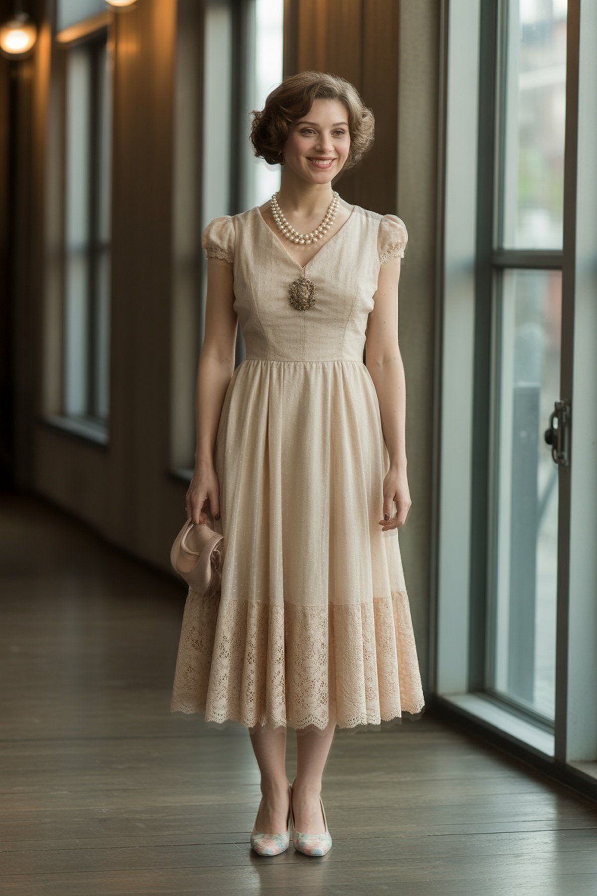 Vestido de Renda Creme com Manga Japonesa e Broche Vintage