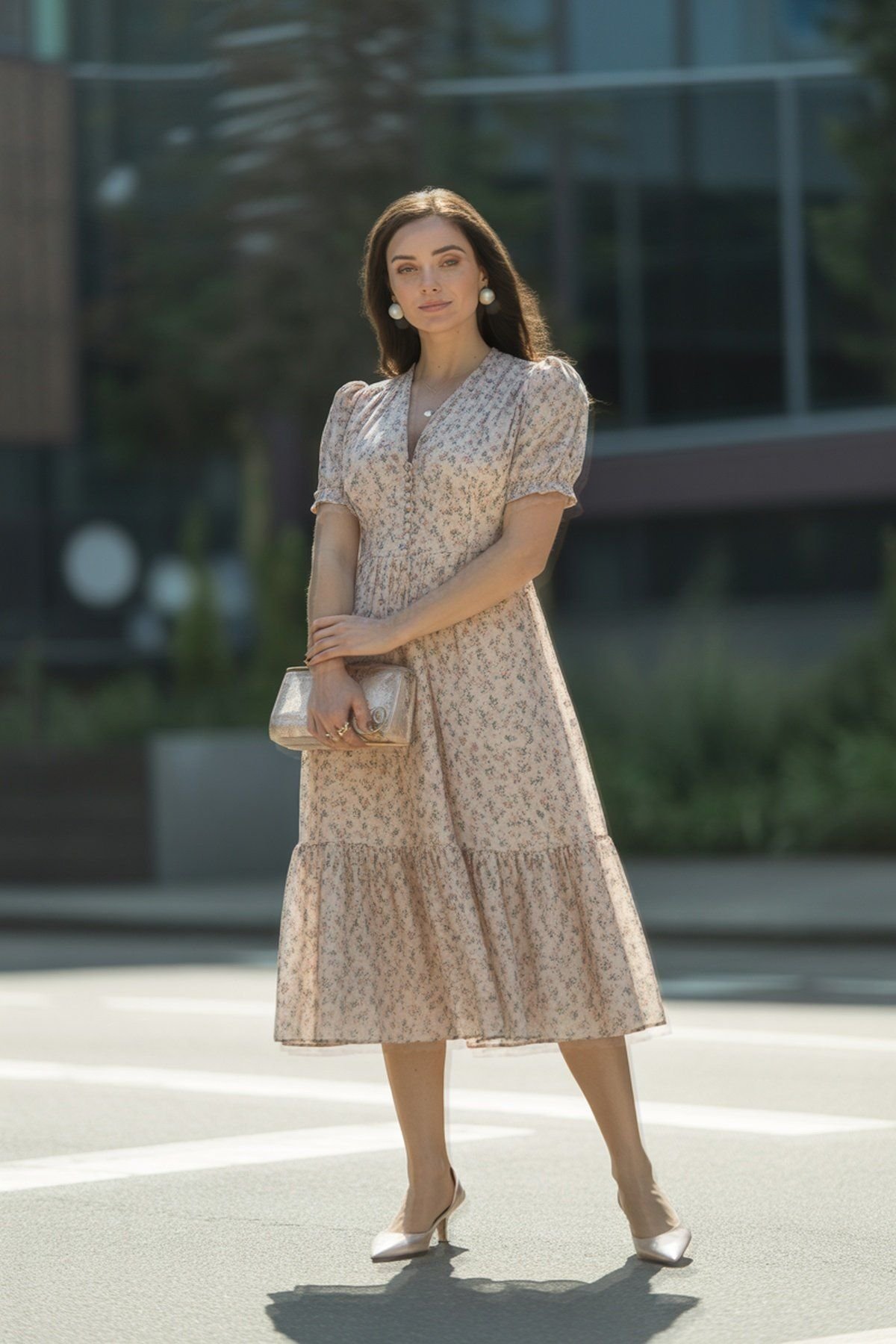 Vestido Midi Floral com Delicados Detalhes em Renda