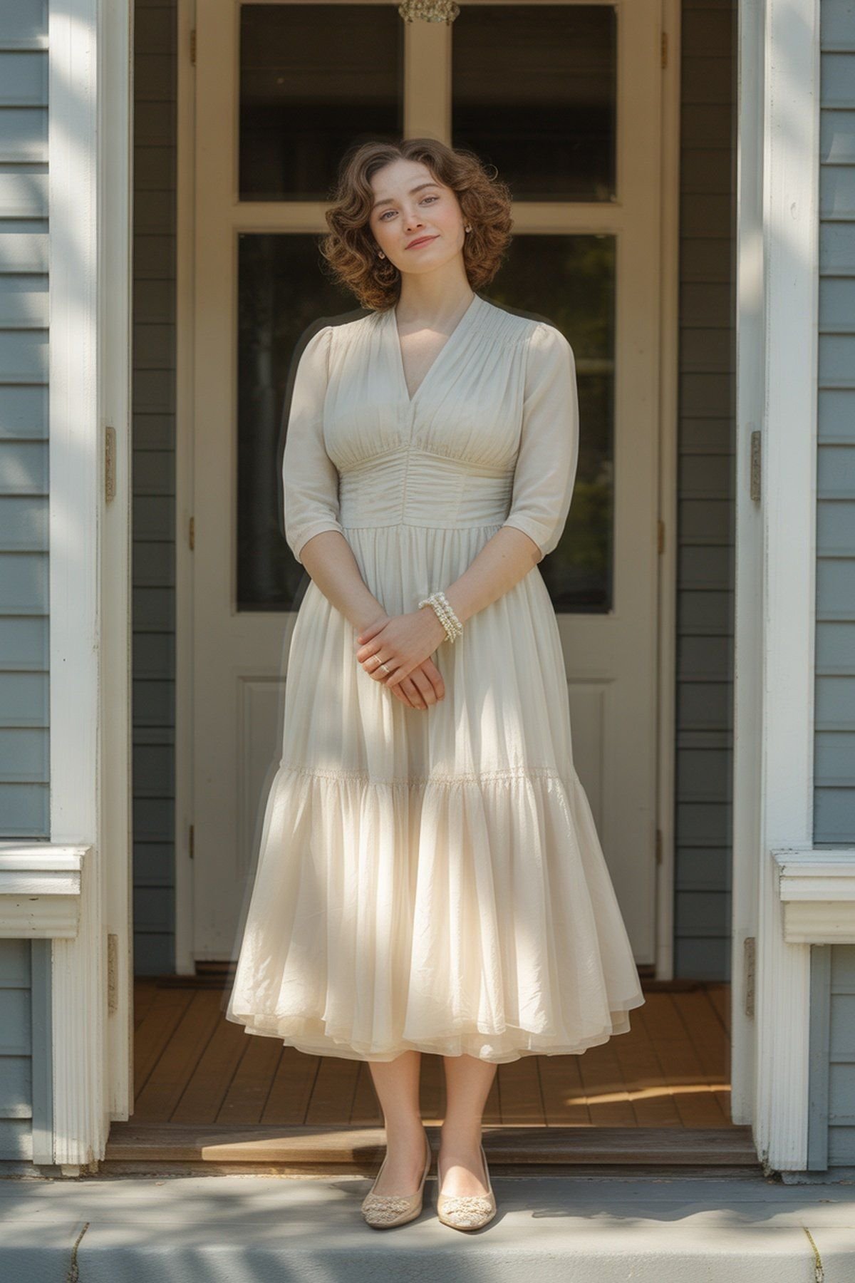 Vestido de Chiffon Marfim com Saia em Camadas e Sapatilhas Delicadas