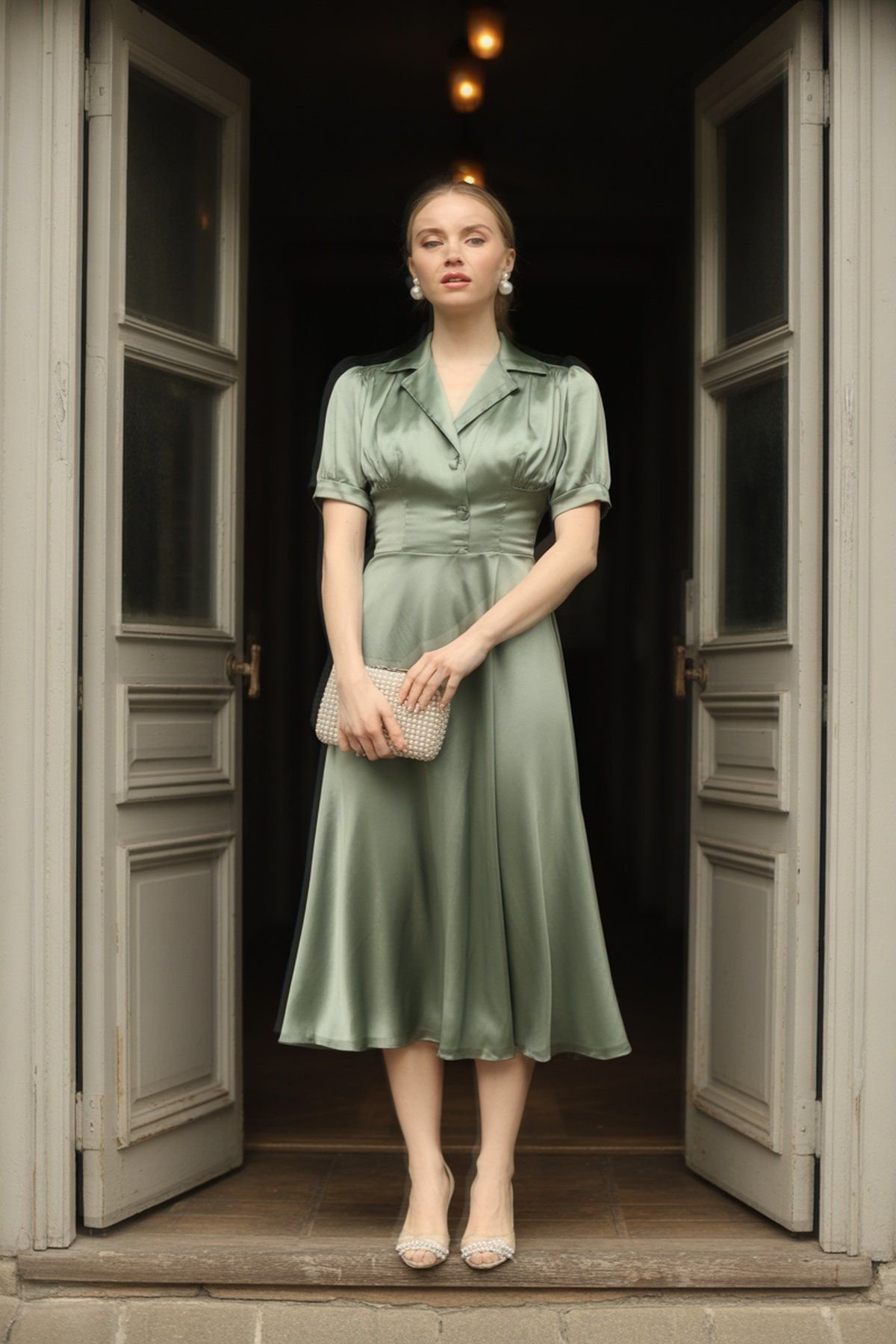 Vestido de Cetim Verde Suave com Clutch Aplicada de Pérolas