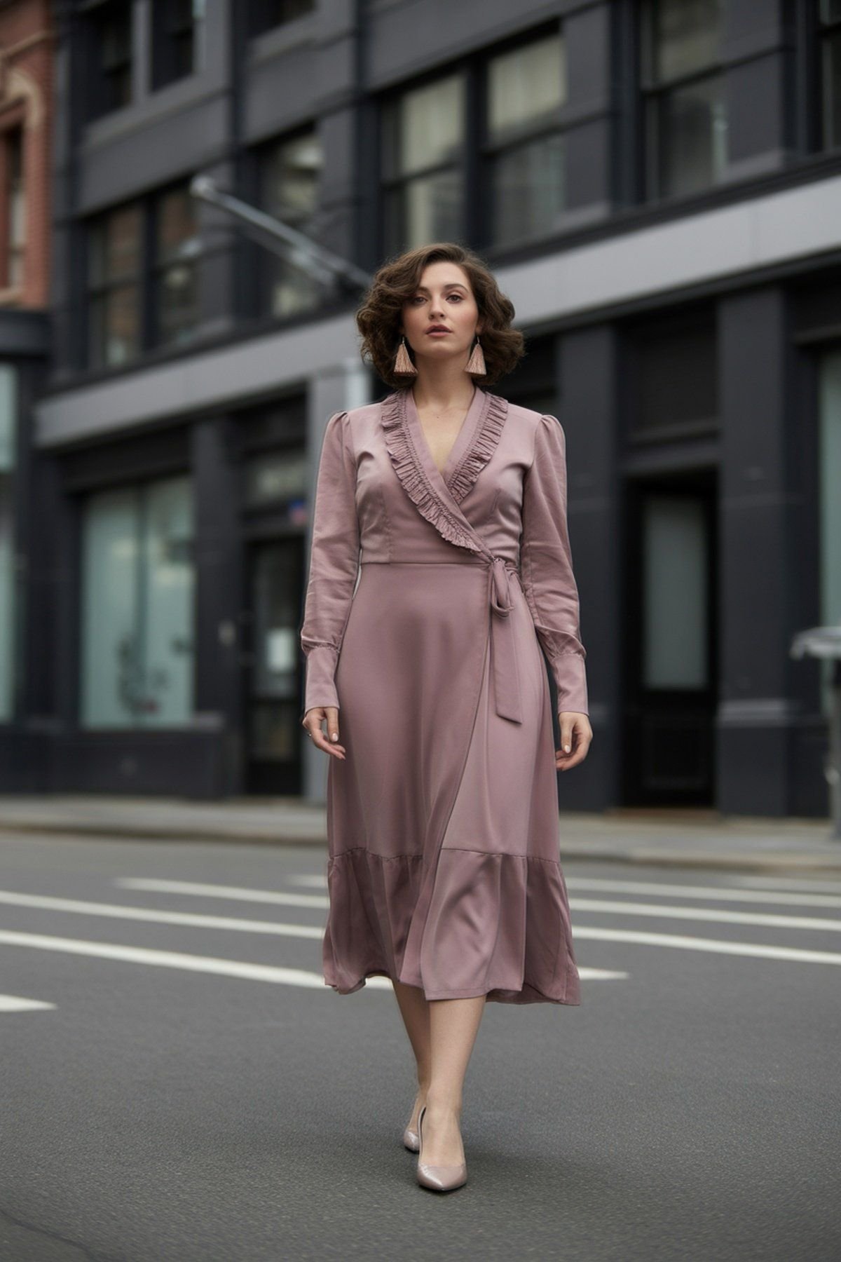 Vestido Envelope Rosa Queimado com Gola Babado e Brincos de Tassel