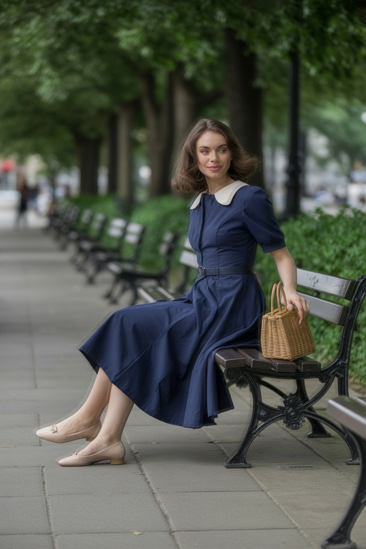Vestido Swing Azul Marinho com Gola Branca e Sapatilhas