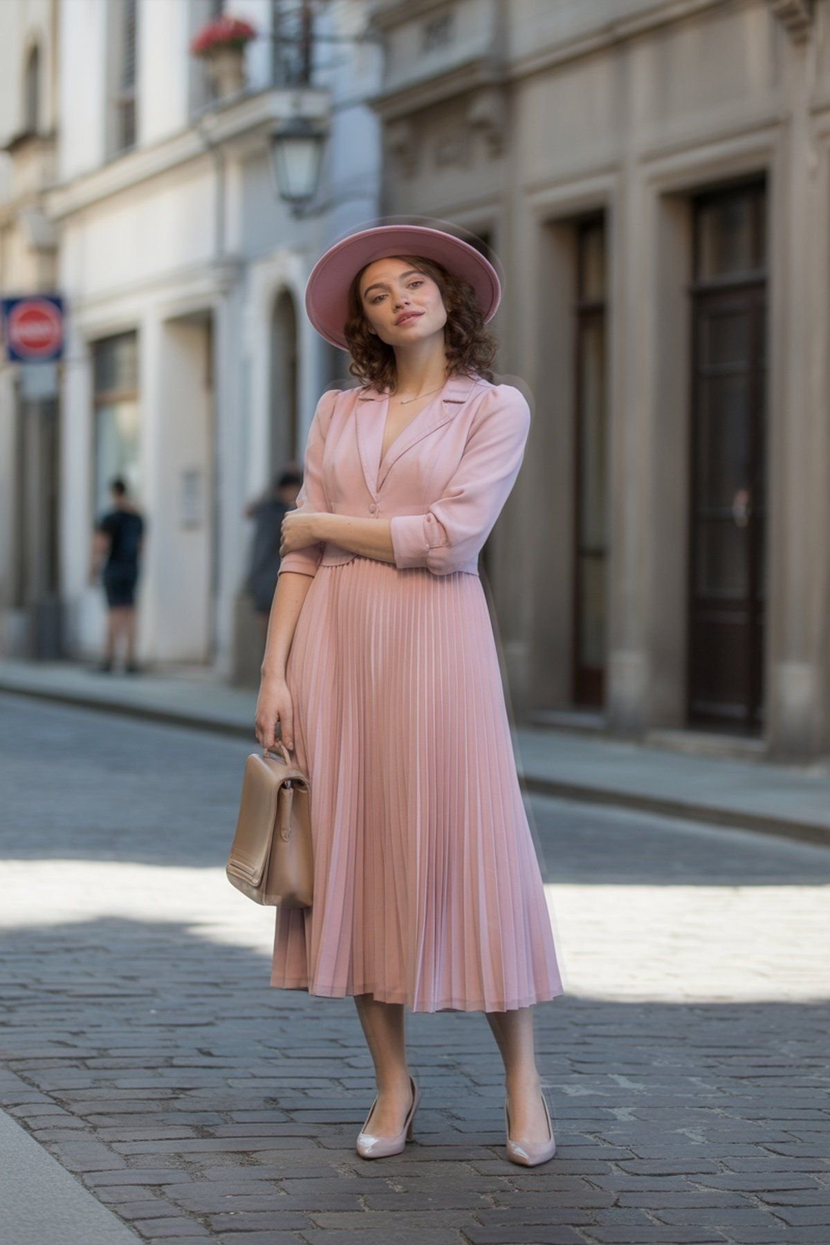 Vestido Plissado Rosa Pastel com Chapéu e Bolsa Correspondentes