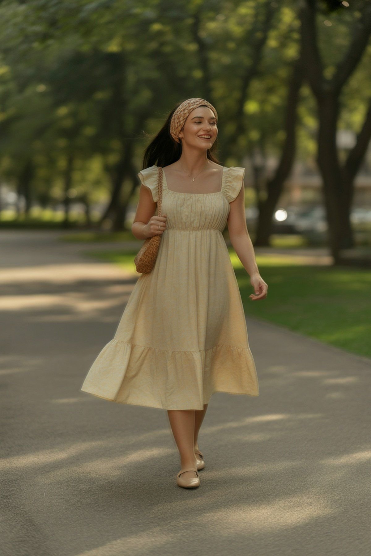 Vestido Amarelo Suave com Babados nas Mangas e Sapatilhas