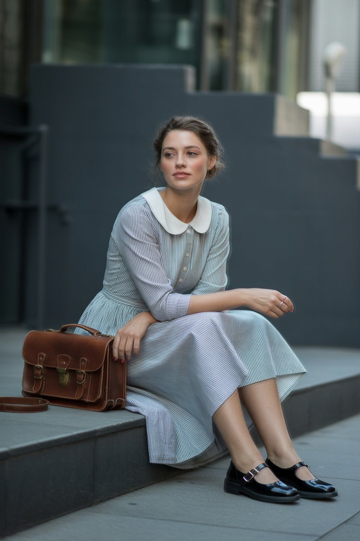 Vestido Vintage Listrado com Gola Peter Pan e Mary Janes