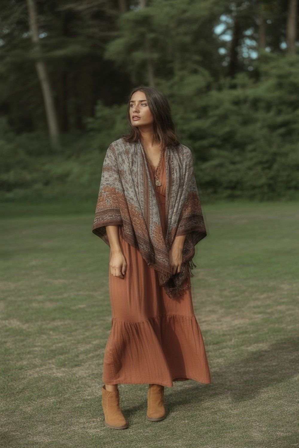 Lenço Estampado Boêmio Sobre Vestido Longo Flowy