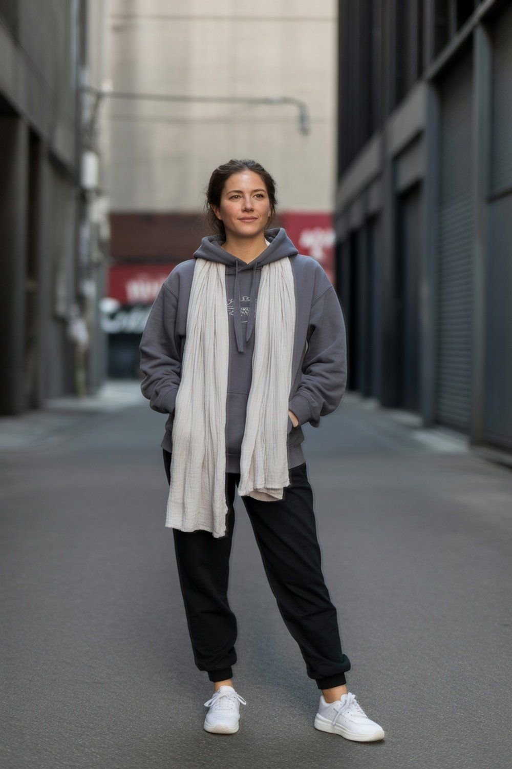 Lenço de Algodão em Camadas Com Look Casual de Moletom