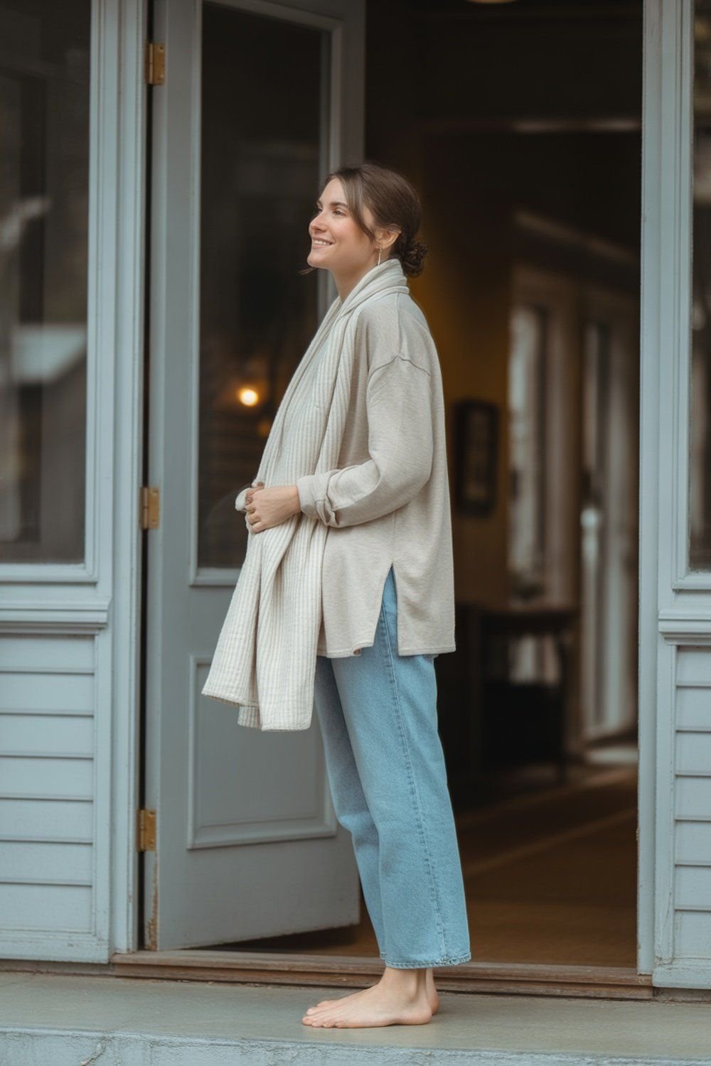 Lenço Canelado Envolvido Sobre Cardigã Aconchegante