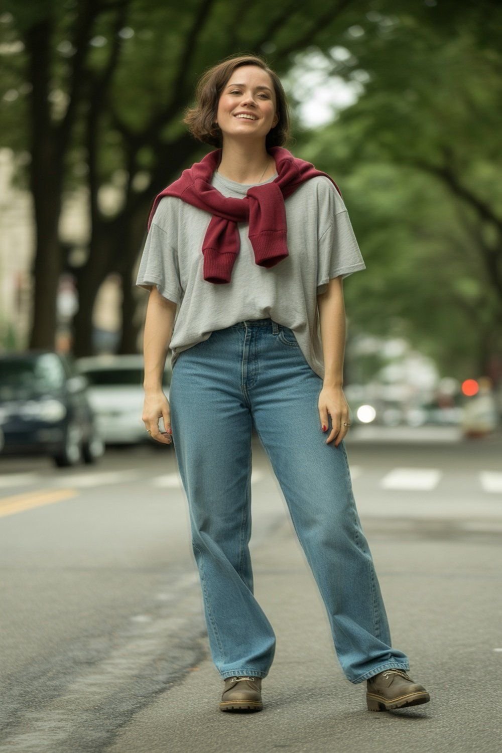 Lenço de Lã Macia Amarrado Sobre Camiseta Casual e Jeans