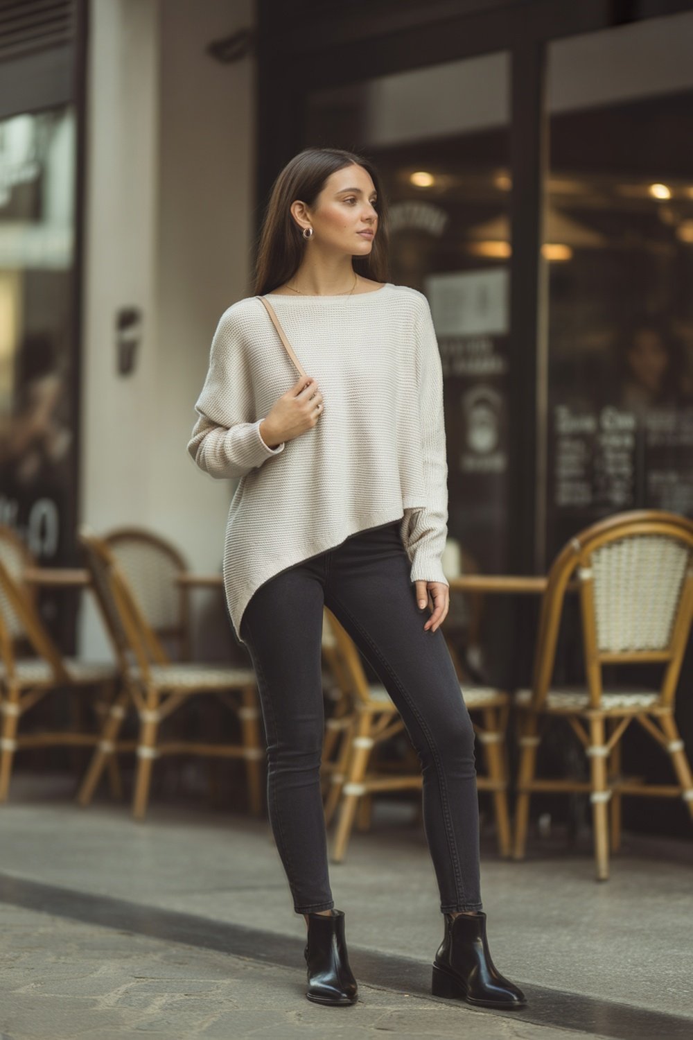 Asymmetric Knit Top With Skinny Jeans