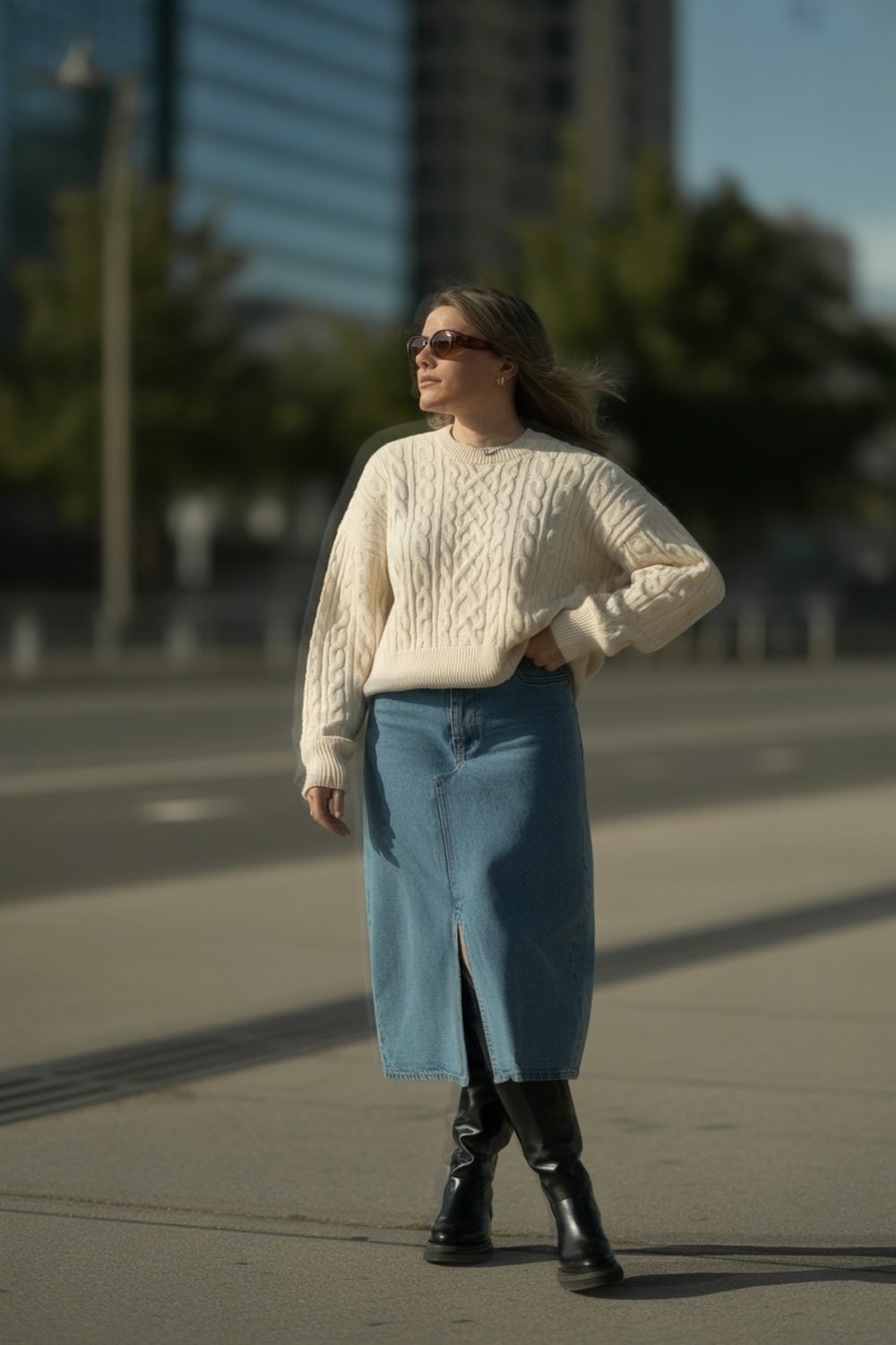Cable Knit Sweater With Denim Skirt