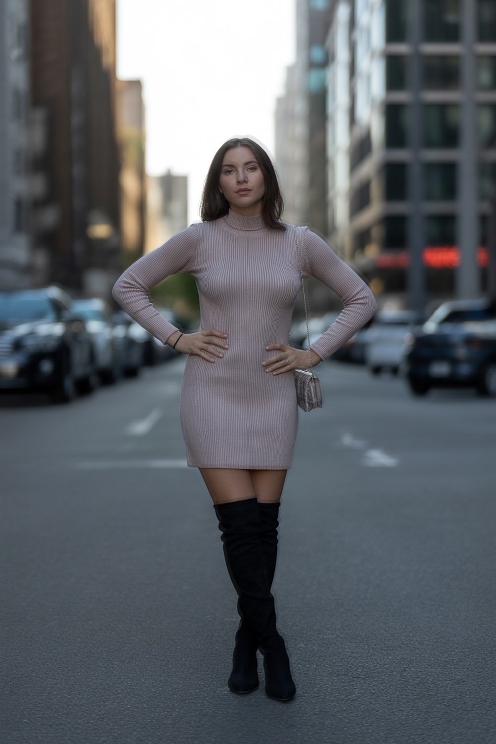 Knitted Dress With Over-The-Knee Boots Combo