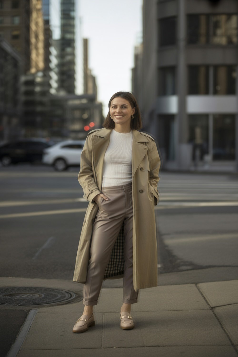 Layered Knit Tee With Lightweight Trench Coat