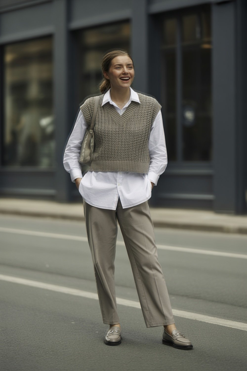 Layered Knit Vest Over Button-Down Shirt