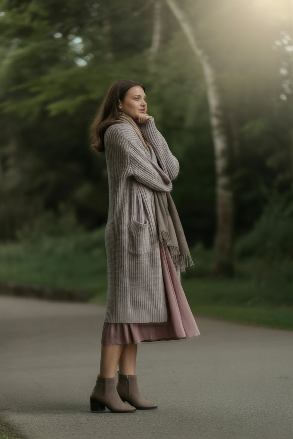 Long Knit Cardigan Over a Midi Dress