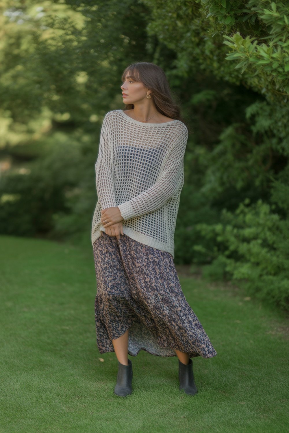 Open Knit Sweater with Printed Maxi Skirt