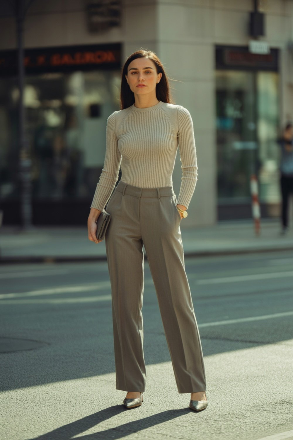 Ribbed Knit Top With Tailored Trousers